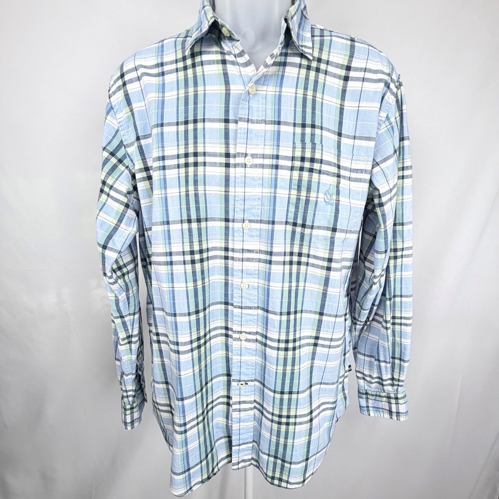 Nautica Heritage Plaid Button‎ Down Shirt Mens M Blue Green Cotton Long Sleeve